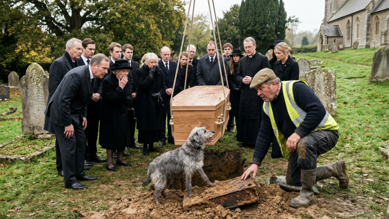 DER ALTE HUND SPRANG WÄHREND DER BEERDIGUNG PLÖTZLICH IN DAS OFFENE GRAB UND LIEẞ NIEMANDEN DEN SARG HINABLASSEN — BIS DER TOTENGRÄBER UNTER DER ERDE ETWAS HARTES FAND.