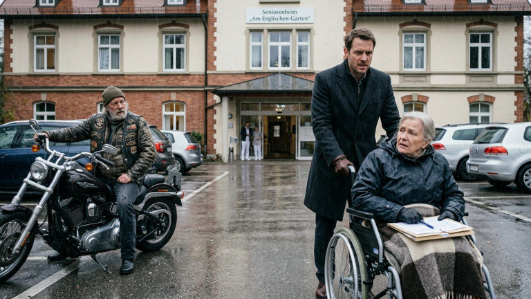 DER REICHE SOHN SCHOB SEINE MUTTER IM ROLLSTUHL VOR DEM MÜNCHNER PFLEGEHEIM IN DEN REGEN WEIL SIE DAS HEIMFORMULAR NICHT UNTERSCHREIBEN WOLLTE — DOCH DER ALTE BIKER AM PARKPLATZ KANNTE DIESEN VERTRAG