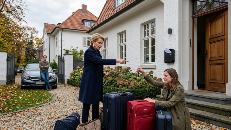 DIE SCHWIEGERMUTTER WARF DIE KOFFER DER SCHWIEGERTOCHTER AUS DER DÜSSELDORFER VILLA UND VERLANGTE ALLE HAUSSCHLÜSSEL ZURÜCK WÄHREND IHR MANN VOR DER TÜR LACHTE — DOCH AM MORGEN KAM EIN BRIEF VOM GRUNDBUCHAMT.
