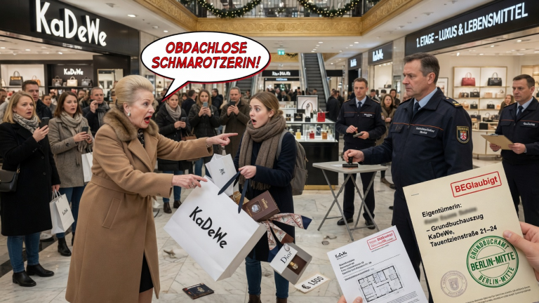 MITTEN IM KADEWE BERLIN SCHLÄGT DIE SCHWIEGERMUTTER DER FRAU DIE EINKAUFSTÜTE AUS DER HAND UND NENNT SIE EINE OBDACHLOSE SCHMAROTZERIN – DIE ÜBERGABE EINER BEGLAUBIGTEN GRUNDBUCH-URKUNDE DURCH 1 GERICHTSVOLLZIEHER ZEIGT JEDOCH, WEM DAS KAUFHAUS WIRKLICH GEHÖRT.