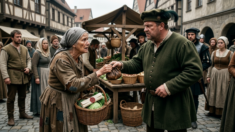 DER STEUEREINTREIBER RISS DER ARMEN WITWE AUF DEM AUGSBURGER MARKT DEN LETZTEN MÜNZBEUTEL AUS DER HAND — DOCH IN IHREM KORB LAG EIN SCHREIBEN DAS NUR DER KAISER SENDEN DURFTE.