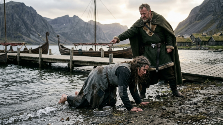 DER BRUDER DES JARLS WARF DIE VERSTOẞENE FRAU VOM SCHIFFSSTEG UND SAGTE SIE HABE KEIN BLUTRECHT IM CLAN — DOCH DIE WELLEN SPÜLTEN DEN ALTEN SILBERARMRING DIREKT VOR IHRE FÜẞE.