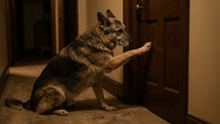 DER ALTE SCHÄFERHUND KRATZTE JEDE NACHT AN DER VERSCHLOSSENEN SCHLAFZIMMERTÜR DES EHEPAARS — BIS DIE FRAU ENDLICH DEN TEPPICH DAVOR ANHOB UND DEN ZWEITEN SCHLÜSSEL FAND.