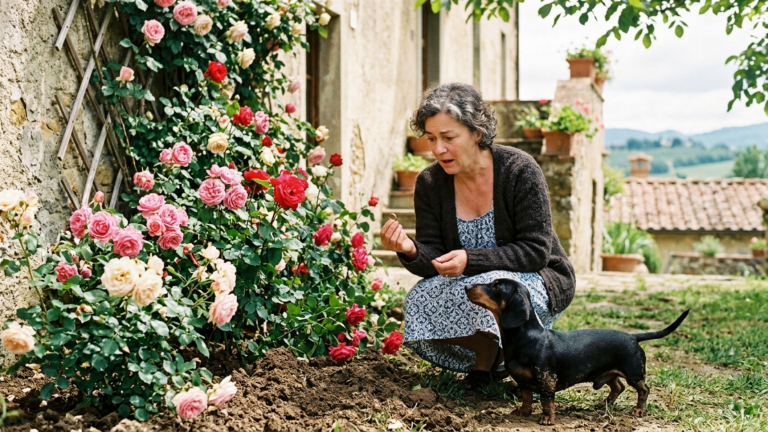 DER KLEINE DACKEL GRUB IMMER WIEDER UNTER DEM ROSENBEET DER VILLA UND KAM NIE OHNE ERDE AN DEN PFOTEN ZURÜCK — BIS DIE WITWE DORT DEN EHERING IHRES VERSCHWUNDENEN MANNES FAND.