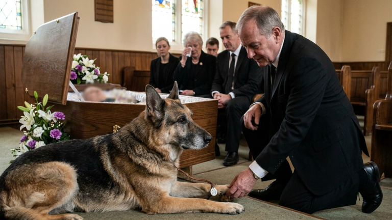 DER ALTE SCHÄFERHUND LEGTE SICH WÄHREND DER BEERDIGUNG VOR DEN SARG UND LIESS NIEMANDEN DEN DECKEL SCHLIESSEN — BIS DER BESTATTER DEN FALSCHEN ANHÄNGER AM HANDGELENK BEMERKTE.