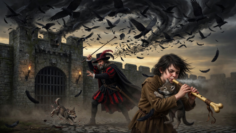 DER GRAF SCHLUG DAS WINZIGE WOLFSJUNGE VOR DEM BURGTOR ZU BODEN — DOCH DER BETTELJUNGE RISS ES AN SICH, BLIES IN SEINE KNOCHENFLÖTE, UND PLÖTZLICH VERDUNKELTEN RABEN DEN HIMMEL…