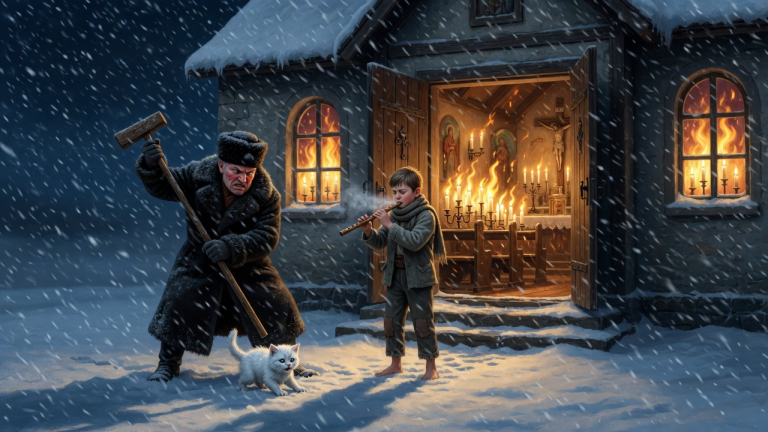 DER GRAF HOB DEN STOCK GEGEN EIN BLINDES KATZENJUNGES IM SCHNEE — DOCH DER STUMME JUNGE STELLTE SICH DAVOR, BLIES IN DIE FLÖTE, UND ALLE KERZEN IN DER KIRCHE BRANNTEN AUF EINMAL…
