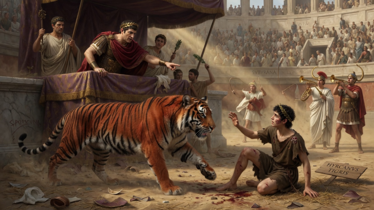 DER HIRKANISCHE TIGER WAR SCHON BIS AUF WENIGE SCHRITTE AN DEN JUNGEN AUS DER SUBURA HERAN — DOCH ALS DER KAISER DAS ZEICHEN HINTER SEINEM OHR SAH, LIESS ER SOFORT DIE TROMPETEN VERSTUMMEN…