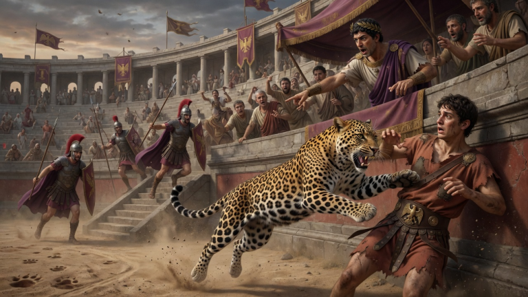 DER AFRIKANISCHE LEOPARD WAR DEM JUNGEN MIT DER ALTEN TUNIKA IM AMPHITHEATER SCHON FAST AN DER BRUST — DOCH ALS DER KAISER DAS VERBORGENE SIEGEL IN SEINEM GÜRTEL SAH, RIEF ER NACH DEN PRÄTORIANERN…