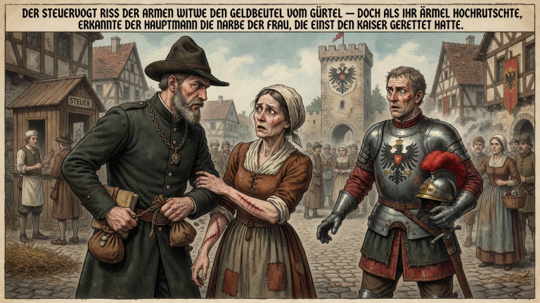 DER STEUERVOGT RISS DER ARMEN WITWE DEN GELDBEUTEL VOM GÜRTEL — DOCH ALS IHR ÄRMEL HOCHRUTSCHTE, ERKANNTE DER HAUPTMANN DIE NARBE DER FRAU, DIE EINST DEN KAISER GERETTET HATTE.
