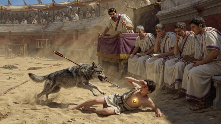 DER GRAUE WOLF AUS DACIEN SCHOSS IM SAND DER VENATIO SCHON AUF DEN JUNGEN OHNE FAMILIENNAMEN ZU — DOCH ALS DER KAISER DAS KLEINE GOLDAMULETT AN SEINER BRUST SAH, SENKTEN DIE SENATOREN DEN BLICK…