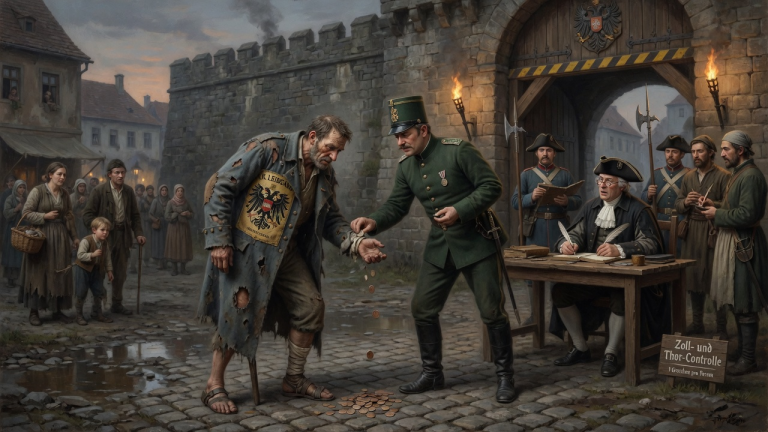DER ZÖLLNER NAHM DEM KRÜPPLIGEN VETERANEN DEN LETZTEN GROSCHEN AM STADTTOR — DOCH ALS SEIN ALTER MANTEL AUFRISS, SAH DER RICHTER DAS ZEICHEN DER KAISERLICHEN LEIBWACHE.