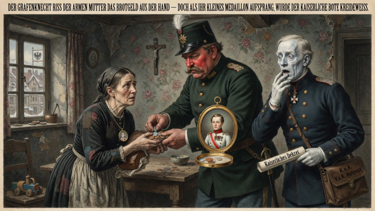 DER GRAFENKNECHT RISS DER ARMEN MUTTER DAS BROTGELD AUS DER HAND — DOCH ALS IHR KLEINES MEDAILLON AUFSPRANG, WURDE DER KAISERLICHE BOTE KREIDEWEISS.