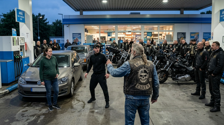 EINE SCHWANGERE FRAU WURDE AN DER TANKSTELLE IN ESSEN BEDRÄNGT – BIS 24 BIKER ANHIELTEN… UND IHR PEINIGER EINEN ALTEN PATCH ERKANNTE