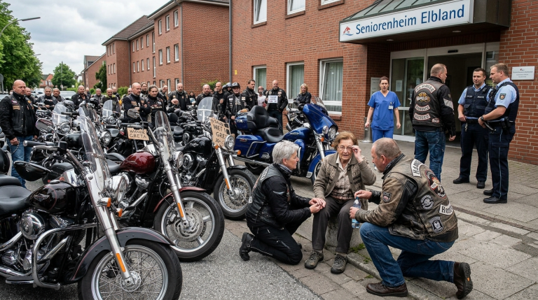„KEINER KOMMT FÜR EINE ALTE FRAU!“ – DER PFLEGEHELFER STIESS DIE 84-JÄHRIGE GRETA IM HAMBURGER ALTENHEIM ZU BODEN… DOCH VOR DEM EINGANG WARTETEN BEREITS 36 BIKER, DIE IHREN NAMEN KANNTEN