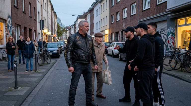 „Der alte Mann will Held spielen?“ – In Köln-Ehrenfeld stellte sich ein grauer Biker zwischen drei Schläger und eine Seniorin… wenige Minuten später verstummte die ganze Straße