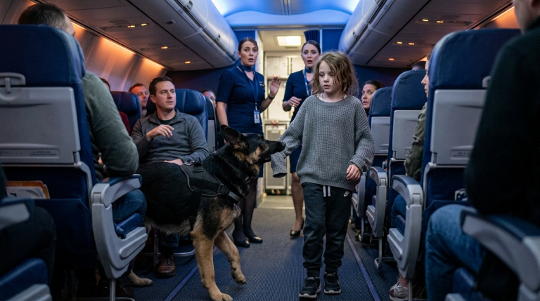 DER SCHÄFERHUND PACKTE DAS KRANKE MÄDCHEN AM PULLOVER UND SCHLEIFTE ES IN DEN GANG — BIS EIN GERÄUSCH AUS SITZ 14A DIE GANZE CREW VERSTUMMEN LIESS…