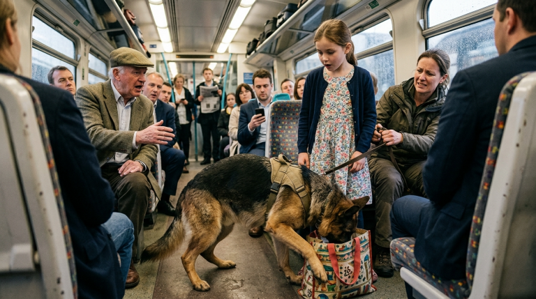 „DAS TIER DREHT DURCH!“, SCHRIE EIN PASSAGIER, ALS DER SCHÄFERHUND AM KLEID DES MÄDCHENS ZERRTE — DOCH DER HUND BLICKTE DIE GANZE ZEIT ZU EINER TASCHE…