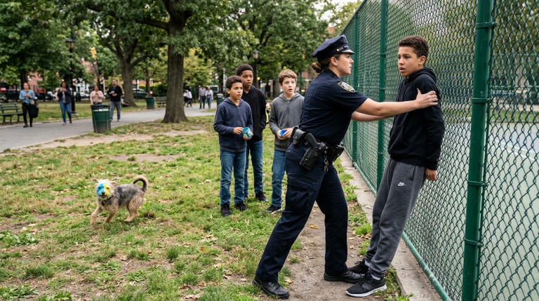 Vier Jungen umzingeln den kleinen Terrier im Park und schütten absichtlich klebrige Farbe über seine Augen. Sie zeigen mit dem Finger auf ihn und brüllen vor Lachen, während der Hund blind im Kreis läuft – Die Qual ist in seinem Zittern spürbar… Plötzlich packt eine Polizistin den stärksten Jungen am Arm und drückt ihn gegen den Zaun.