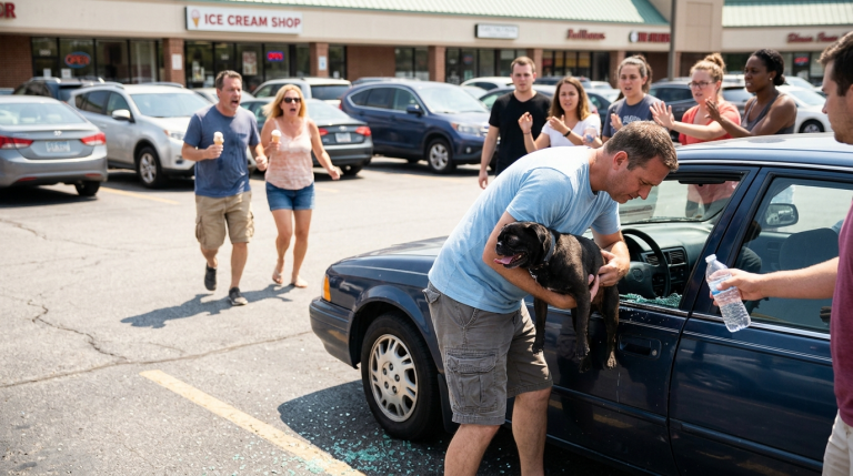 In 40 Grad Hitze wird dieser Mops im verschlossenen Auto zurückgelassen, während die Besitzer gemütlich Eis essen gehen. Er japst nach Luft und bricht auf dem Sitz zusammen, als ein Passant die Scheibe mit einem Stein einschlägt – Die Besitzer kommen wütend schreiend angerannt… Doch die Menge stellt sich schützend vor den Retter und lässt sie nicht durch.