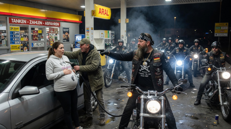 DIE HOCHSCHWANGERE ANNA WURDE AN EINER TANKSTELLE IN ESSEN VON EINEM FREMDEN MANN BEDRÄNGT — BIS 27 BIKER ANHIELTEN… UND DER ANFÜHRER EINEN NAMEN SAGTE, DEN ANNA NIE ERWARTET HATTE