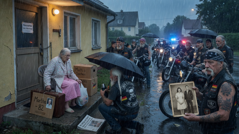 DIE 82-JÄHRIGE MARTHA WURDE VOM EIGENEN SOHN IM REGEN VOR DIE HAUSTÜR GESETZT — AM NÄCHSTEN MORGEN STAND EINE BIKER-GANG VOR DEM HAUS… MIT EINER SCHULD AUS DER VERGANGENHEIT