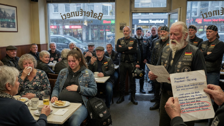 DIE SCHWANGERE 17-JÄHRIGE LENA WURDE IN EINEM CAFÉ IN BREMEN VON DEN GÄSTEN AUSGELACHT — BIS 18 BIKER EINTRATEN… UND DER ÄLTESTE BIKER EINEN BRIEF MIT EINEM LETZTEN SATZ VORLAS