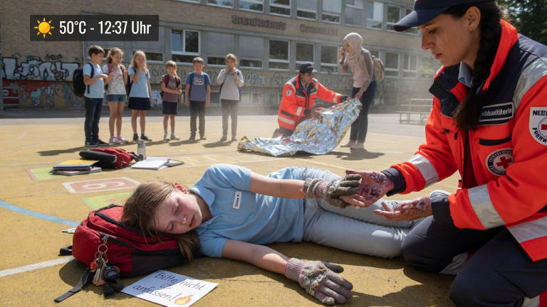 BEI 50 GRAD TRUG EMMA AUF DEM BERLINER SCHULHOF NOCH IMMER WOLLHANDSCHUHE — BIS DAS MÄDCHEN ZUSAMMENBRACH… UND DIE SANITÄTERIN VERSTAND, WARUM EMMA NIE JEMANDES HAND NAHM