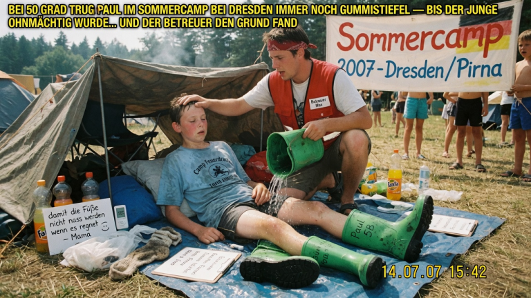 BEI 50 GRAD TRUG PAUL IM SOMMERCAMP BEI DRESDEN IMMER NOCH GUMMISTIEFEL — BIS DER JUNGE OHNMÄCHTIG WURDE… UND DER BETREUER DEN GRUND FAND