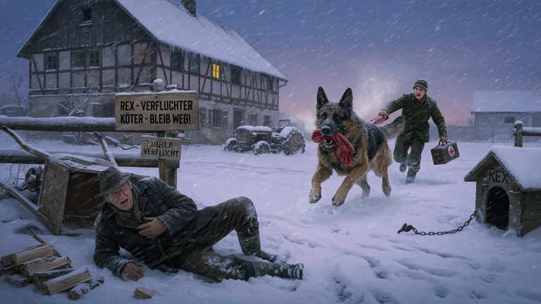 DER DEUTSCHE SCHÄFERHUND REX WURDE VOM ALTEN BAUERN TÄGLICH VERFLUCHT — ALS DER BAUER IM SCHNEE STÜRZTE, RANNTE REX LOS… UND KAM MIT JEMANDEM ZURÜCK