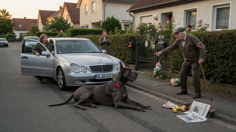 DIE DEUTSCHE DOGGE HUGO WURDE VOM ALTEN MANN MIT DEM STOCK GESCHLAGEN — ALS DER MANN IM GARTEN UMFIEL, LEGTE HUGO SICH AUF DIE STRASSE… UND BLOCKIERTE DAS FALSCHE AUTO