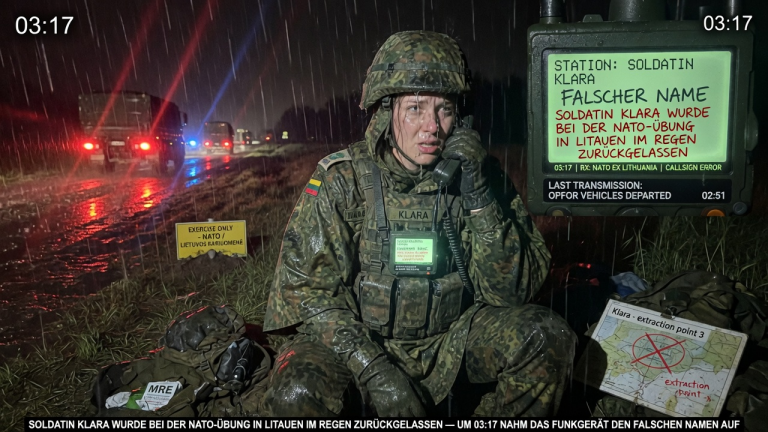 SOLDATIN KLARA WURDE BEI DER NATO-ÜBUNG IN LITAUEN IM REGEN ZURÜCKGELASSEN — UM 03:17 NAHM DAS FUNKGERÄT DEN FALSCHEN NAMEN AUF