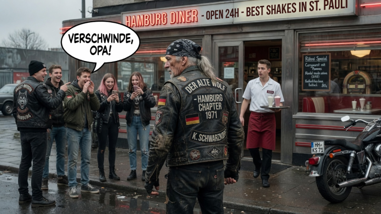 „VERSCHWINDE, OPA!“ — DER ALTE BIKER WURDE VOR DEM DINER IN HAMBURG AUSGELACHT, BIS DER KELLNER DEN NAMEN AUF SEINER ALTEN LEDERJACKE ERKANNTE