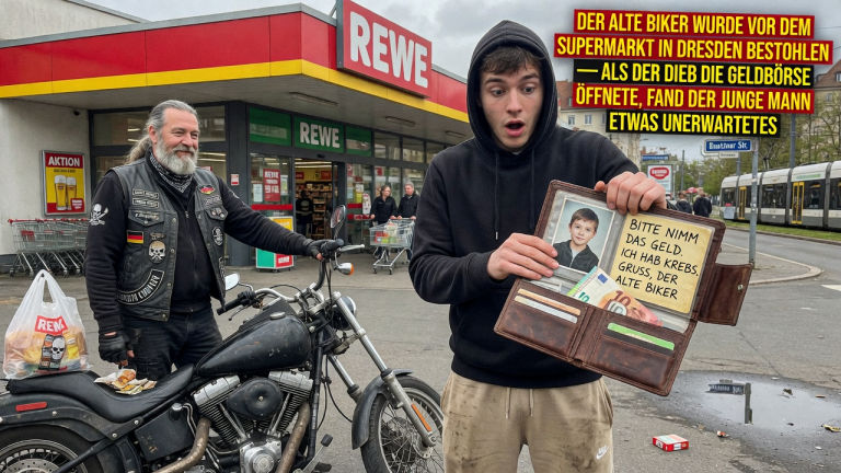 DER ALTE BIKER WURDE VOR DEM SUPERMARKT IN DRESDEN BESTOHLEN — ALS DER DIEB DIE GELDBÖRSE ÖFFNETE, FAND DER JUNGE MANN ETWAS UnerWARTETES