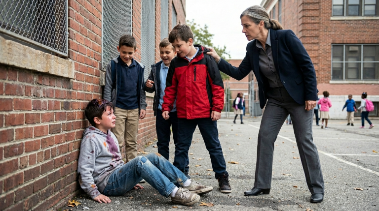 Der kleine Junge mit den kaputten Schuhen wird von 3 Mitschülern in die Enge getrieben und mit klebrigem Saft übergossen. Sie verspotten seine Armut und stoßen ihn hart zu Boden – bis die strengste Lehrerin der Schule auftaucht und den Anführer am Kragen packt.