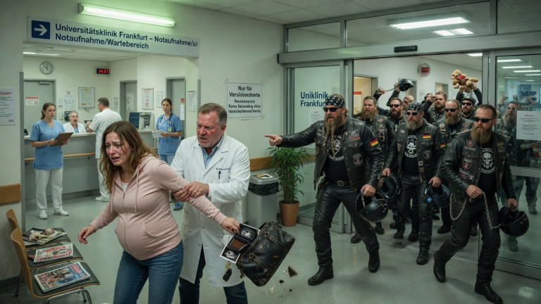 IN DER FRANKFURTER UNIKLINIK ZERRTE EIN ARZT EINE WEINENDE SCHWANGERE AUS DEM WARTEZIMMER UND WARF IHRE TASCHE WEG, WEIL SIE NICHT VERSICHERT WAR – DOCH DANN SCHRITTEN 20 LEDERBEKLEIDETE BIKER DURCH DIE GLASTÜR UND BEREITETEN DEM KLINIKPERSONAL DEN ABSOLUTEN ALBTRAUM.