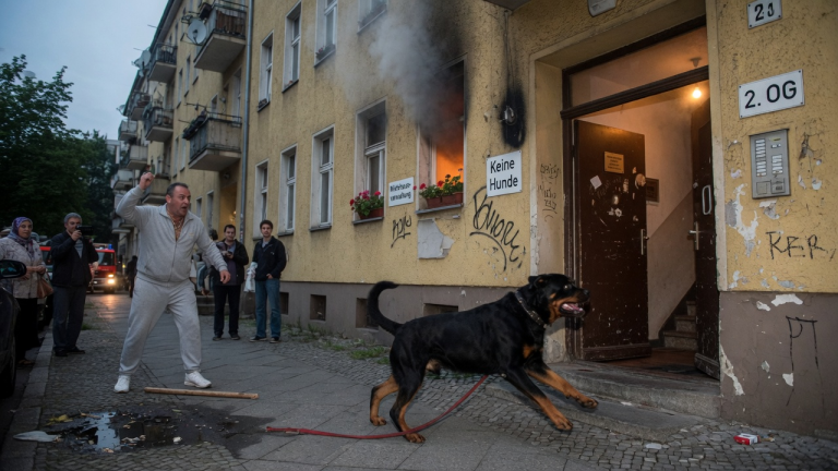 DER ROTTWEILER BRUNO WURDE VOM BESITZER VOR DEM BERLINER MIETSHAUS GESCHLAGEN — DOCH ALS RAUCH AUS DEM FENSTER KAM, RANNTE BRUNO ZURÜCK HINEIN… ZU EINER TÜR, DIE IMMER VERSCHLOSSEN WAR