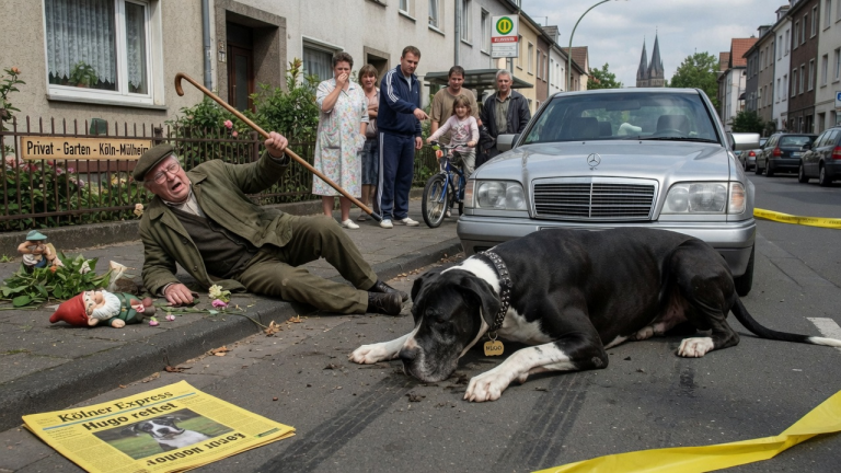 DIE DEUTSCHE DOGGE HUGO WURDE VOM ALTEN MANN IN KÖLN MIT DEM STOCK GESCHLAGEN — ALS DER MANN IM GARTEN UMFIEL, LEGTE HUGO SICH AUF DIE STRASSE… VOR DAS AUTO, DAS NIE DORT HALTEN SOLLTE