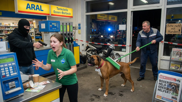 DER BOXER OTTO WURDE AN DER TANKSTELLE IN ESSEN MIT DEM BESEN VERJAGT — ALS DER MASKIERTE MANN DIE KASSE BEDROHTE, STELLTE OTTO SICH VOR DIE KELLNERIN… UND KNURRTE IN DIE FALSCHE RICHTUNG