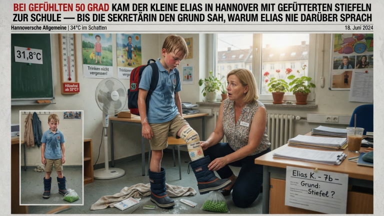 BEI GEFÜHLTEN 50 GRAD KAM DER KLEINE ELIAS IN HANNOVER MIT GEFÜTTERTEN STIEFELN ZUR SCHULE — BIS DIE SEKRETÄRIN DEN GRUND SAH, WARUM ELIAS NIE DARÜBER SPRACH