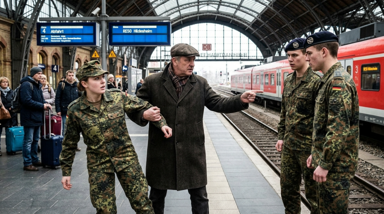 GEFREITE SOPHIE WIRD AM HAUPTBAHNHOF HANNOVER VON 3 KAMERADEN AUF DIE GLEISE GESTOSSEN WEIL SIE SICH WEIGERTE, ALS FRAU IHRE STIEFEL ZU PUTZEN… WELCHER GEHEIMNISVOLLE PASSAGIER ZIEHT SIE IN LETZTER SEKUNDE ZURÜCK UND GIBT IHNEN EINE LEKTION?
