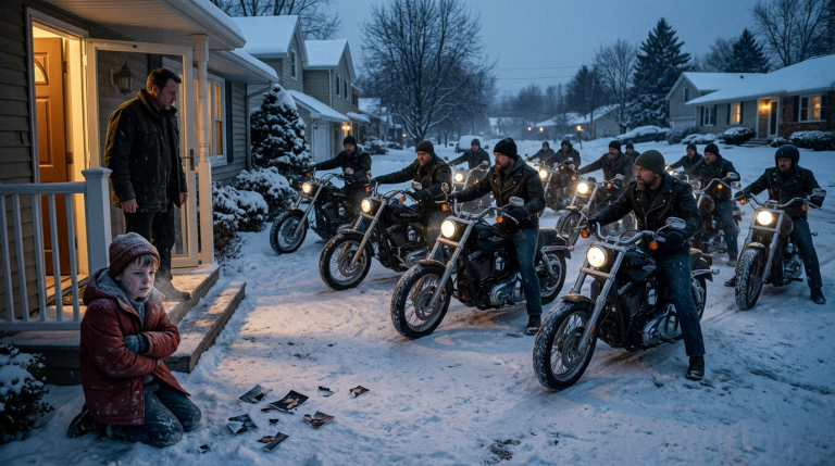 Das Kind zittert vor Kälte, nachdem sein Stiefvater es absichtlich draußen im Schnee eingesperrt hat. Vor den Augen des Jungen zerreißt der Mann das einzige Foto seines leiblichen Vaters – doch plötzlich halten zehn schwarze Motorräder vor dem Haus, und Dutzende Männer steigen mit zornigen Blicken ab …Die Vergeltung beginnt genau jetzt.
