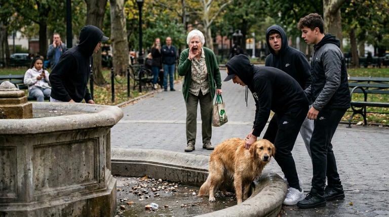 Ein wehrloser Golden Retriever wurde im Park von 3 Rowdys umzingelt und mit Steinen beworfen. Sie packten ihn am Fell und drückten seinen Kopf in den Brunnen… In diesem Augenblick schrie eine alte Frau so laut sie konnte – kann sie das Leben des Tieres retten?