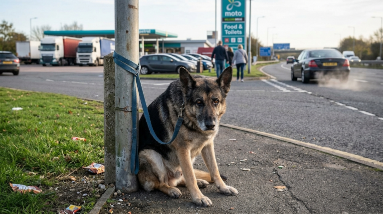 Nach 10 Jahren treuer Dienste wurde der Schäferhund einfach auf der Autobahnraststätte an einen Pfahl gebunden. Die Besitzer gaben Vollgas und hinterließen nur eine Wolke aus Staub und Verachtung… Ich sah in die traurigen Augen des Hundes – war das wirklich das Ende oder ein Neuanfang?