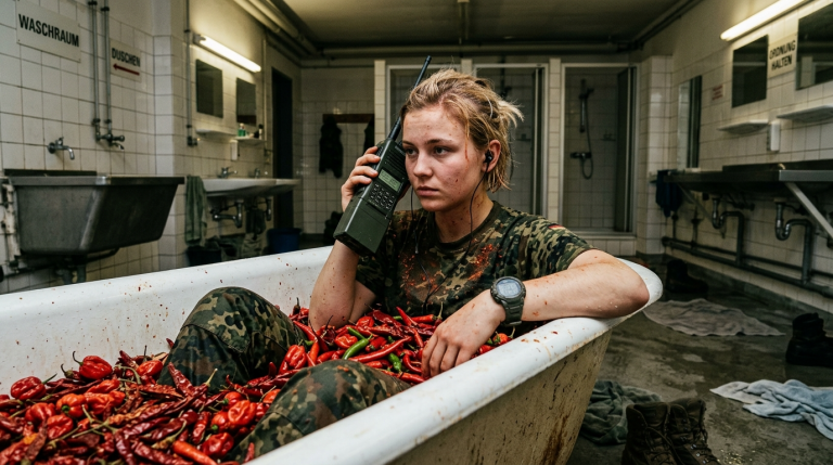 SOLDATIN KLARA MUSSTE IM WASCHRAUM DER KASERNE IN EINE WANNE VOLLER CHILIS STEIGEN — BIS UM 03:17 EIN FUNKSPRUCH EINEN NAMEN NANNTE