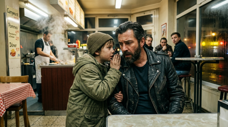 „BITTE NICHT HINSCHAUEN… DAS IST NICHT MEIN PAPA“ — DER SCHMUTZIGE JUNGE ZOG IN EINEM BERLINER IMBISS AM ÄRMEL EINES BIKERS