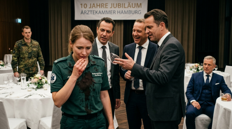 SANITÄTERIN JULIA WIRD AUF DER JUBILÄUMSFEIER IN HAMBURG VON 3 ÄRZTEN MIT ROTWEIN ÜBERGOSSEN UND VERSCHMÄHT, DA SIE ALS FRAU DAS LEBEN EINES SOLDATEN RETTETE, DEN SIE AUFGABEN… KANN DER UNBEKANNTE MILLIONÄR AM ECKTISCH DIESES ARROGANTE SPIEL NOCH RECHTZEITIG BEENDEN?