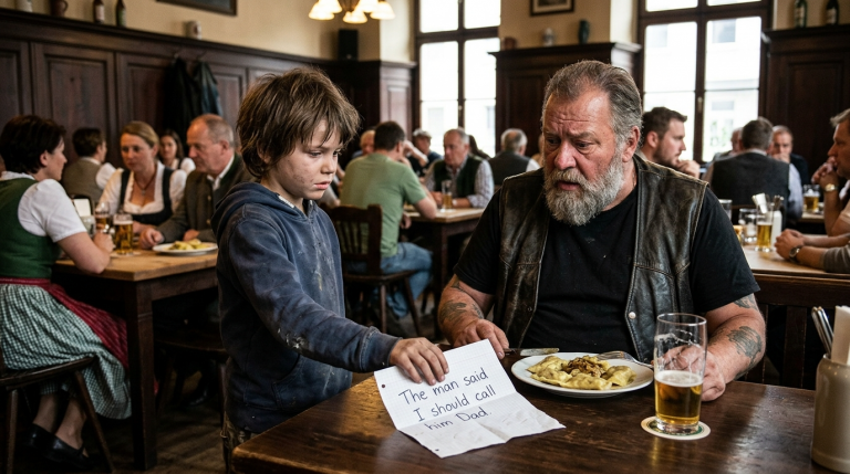 IM ÜBERFÜLLTEN RESTAURANT IN STUTTGART SCHOB DAS DRECKIGE KIND EINEM BIKER EINEN ZETTEL ZU — „DER MANN HAT GESAGT, ICH SOLL IHN PAPA NENNEN“