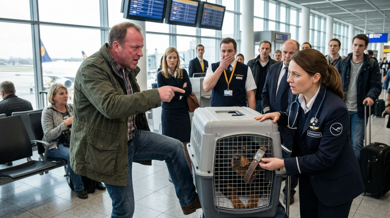 EIN WÜTENDER PASSAGIER TRITT GEGEN DIE TRANSPORTBOX UND VERLANGT, DASS DER ROTTWEILER SOFORT AUS DEM FLUGZEUG ENTFERNT WIRD — DOCH DIE LUFTHANSA-TIERÄRZTIN ENTDECKT 1 SELTSAME SPUR UNTER SEINEM HALSBAND, DIE DEN GANZEN FLUGHAFEN STILL WERDEN LÄSST.