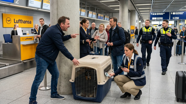 EIN PASSAGIER STÖSST DIE BOX DES DOBERMANNS VOR ALLEN GEGEN DIE WAND UND NENNT DEN HUND EINE BESTIE — DOCH DIE LUFTHANSA-TIERÄRZTIN FINDET 1 VERBORGENES DETAIL AM BAUCH, DAS PLÖTZLICH DIE BUNDESPOLIZEI RUFT.